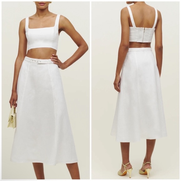 NWT Reformation Cole Eyelet Two Piece White Belted Crop Top & Midi Skirt Set 12 - Picture 1 of 12